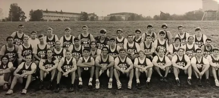 Black and white photo of a high school track team.
